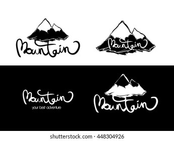 Vector illustration: Hand drawn brush lettering composition with mountains.