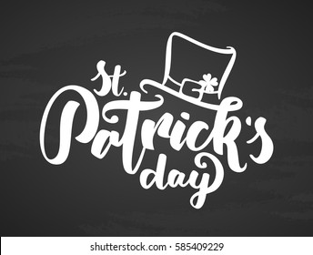 Vector illustration: Hand drawn brush lettering composition of St. Patrick's Day with leprechaun hat on black. 