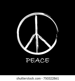 Vector illustration hand drawn brush white peace symbol, sign icon isolated on black background 