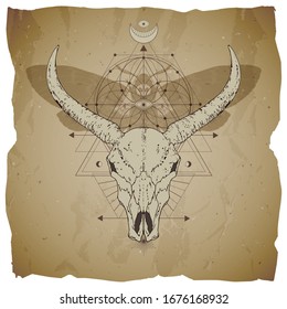 Vector illustration with hand drawn buffalo skull, dead head moth and Sacred geometric symbol on vintage paper background with torn edges. Abstract mystic sign. Image in sepia color. 