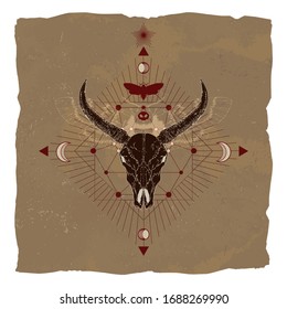 Vector illustration with hand drawn buffalo skull, dead head moth and Sacred geometric symbol on vintage paper background with torn edges. Image in sepia  and red color. 