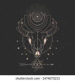 Vector illustration with hand drawn Bull skull and Sacred geometric symbol on black vintage background. Abstract mystic sign. Gold linear shape. For you design and magic craft.