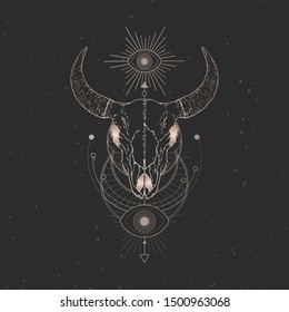 Vector illustration with hand drawn Bull skull and Sacred geometric symbol on black vintage background. Abstract mystic sign. Gold linear shape. For you design and magic craft.