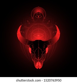 Vector illustration with hand drawn bull skull and Sacred geometric symbol on black background. Abstract mystic sign. Red linear shape. For you design, tattoo or magic craft.