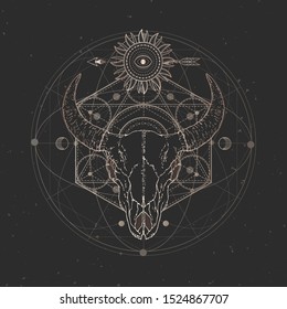 Vector illustration with hand drawn Bull skull and Sacred geometric symbol on black vintage background. Abstract mystic sign. Gold linear shape. For you design and magic craft.