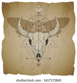 Vector illustration with hand drawn bull skull, dead head moth and Sacred geometric symbol on vintage paper background with torn edges. Abstract mystic sign. Image in sepia color. 