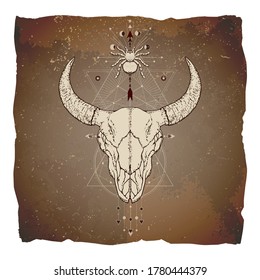 Vector illustration with hand drawn bull skull, spider and Sacred geometric symbol on vintage paper background with torn edges. Abstract mystic sign. Image in sepia color. 