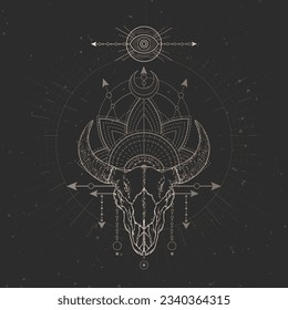 Vector illustration with hand drawn Bull skull and Sacred geometric symbol on black vintage background. Abstract mystic sign. Gold linear shape. 