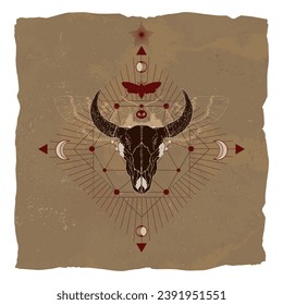 Vector illustration with hand drawn bull skull, dead head moth and Sacred geometric symbol on vintage paper background with torn edges. Abstract mystic sign. Image in sepia  and red color. 