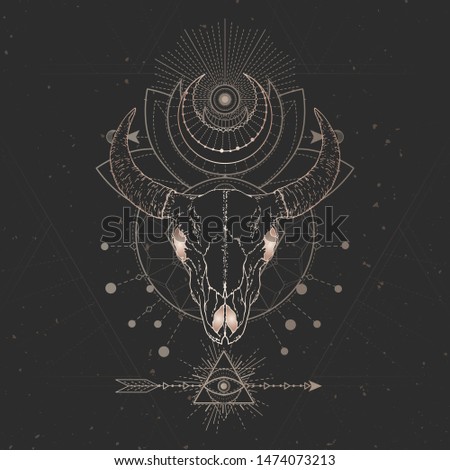 Vector illustration with hand drawn Bull skull and Sacred geometric symbol on black vintage background. Abstract mystic sign. Gold linear shape. For you design and magic craft.