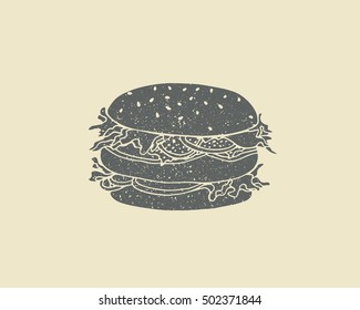 Vector illustration of hand drawn burger with grunge texture.  Beautiful design elements, perfect for any business related to the food industry.