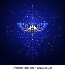 Vector illustration with hand drawn butterfly Dead head and Sacred geometric symbol against the starry sky. Abstract mystic sign. Linear shape. For you design: tattoo, print, posters, t-shirts, textil