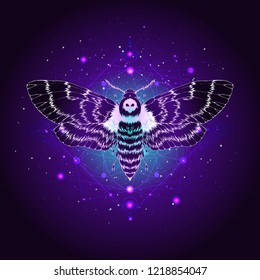 Vector illustration with hand drawn butterfly Dead head and Sacred geometric symbol against the starry sky. Abstract mystic sign. Linear shape. For you design: tattoo, print, posters, t-shirts, textil