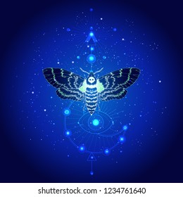 Vector illustration with hand drawn butterfly Dead head and Sacred geometric symbol against the starry sky. Abstract mystic sign. Linear shape. For you design: tattoo, print, posters, t-shirts.