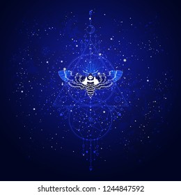 Vector illustration with hand drawn butterfly Dead head and Sacred geometric symbol against the starry sky. Abstract mystic sign. Linear shape. For you design: tattoo, print, posters, t-shirts.