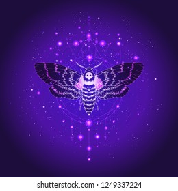 Vector illustration with hand drawn butterfly Dead head and Sacred geometric symbol against the starry sky. Abstract mystic sign. Linear shape. For you design: tattoo, print, posters, t-shirts, textil