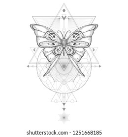 Vector illustration with hand drawn butterfly and Sacred geometric symbol on white background. Abstract mystic sign. Black linear shape. For you design, tattoo or magic craft.