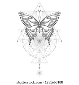 Vector illustration with hand drawn butterfly and Sacred geometric symbol on white background. Abstract mystic sign. Black linear shape. For you design, tattoo or magic craft.