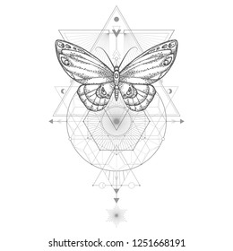 Vector illustration with hand drawn butterfly and Sacred geometric symbol on white background. Abstract mystic sign. Black linear shape. For you design, tattoo or magic craft.