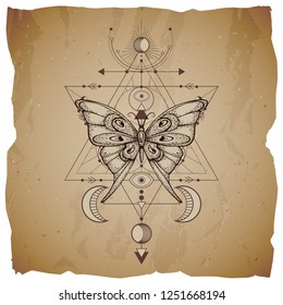Vector illustration with hand drawn butterfly and Sacred geometric symbol on vintage paper background with torn edges. Abstract mystic sign. Sepia linear shape. For you design or magic craft.