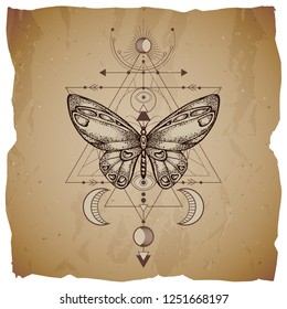 Vector illustration with hand drawn butterfly and Sacred geometric symbol on vintage paper background with torn edges. Abstract mystic sign. Sepia linear shape. For you design or magic craft.