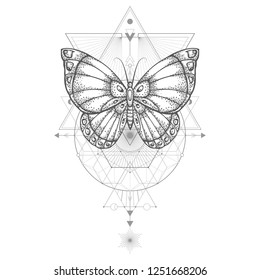 Vector illustration with hand drawn butterfly and Sacred geometric symbol on white background. Abstract mystic sign. Black linear shape. For you design, tattoo or magic craft.