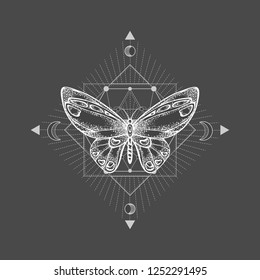 Vector illustration with hand drawn butterfly and Sacred geometric symbol on black background. Abstract mystic sign. White linear shape. For you design, tattoo or magic craft.