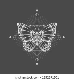 Vector illustration with hand drawn butterfly and Sacred geometric symbol on black background. Abstract mystic sign. White linear shape. For you design, tattoo or magic craft.