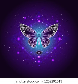 Vector illustration with hand drawn butterfly and Sacred geometric symbol against night starry sky. Abstract mystic sign. Linear shape. For you design or magic craft.
