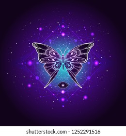 Vector illustration with hand drawn butterfly and Sacred geometric symbol against night starry sky. Abstract mystic sign. Linear shape. For you design or magic craft.