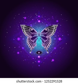 Vector illustration with hand drawn butterfly and Sacred geometric symbol against night starry sky. Abstract mystic sign. Linear shape. For you design or magic craft.