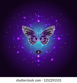 Vector illustration with hand drawn butterfly and Sacred geometric symbol against night starry sky. Abstract mystic sign. Linear shape. For you design or magic craft.