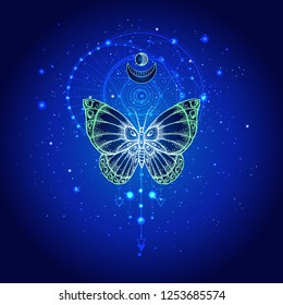 Vector illustration with hand drawn butterfly and Sacred geometric symbol against night starry sky. Abstract mystic sign. Linear shape. For you design or magic craft.