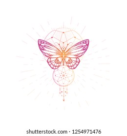 Vector illustration with hand drawn butterfly and Sacred geometric symbol on white background. Abstract mystic sign. Colored linear shape. For you design, tattoo or magic craft.