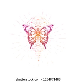 Vector illustration with hand drawn butterfly and Sacred geometric symbol on white background. Abstract mystic sign. Colored linear shape. For you design, tattoo or magic craft.