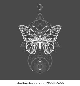 Vector illustration with hand drawn butterfly and Sacred geometric symbol on black background. Abstract mystic sign. White linear shape. For you design, tattoo or magic craft.