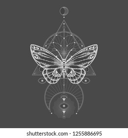 Vector illustration with hand drawn butterfly and Sacred geometric symbol on black background. Abstract mystic sign. White linear shape. For you design, tattoo or magic craft.
