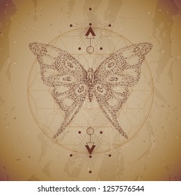 Vector illustration with hand drawn butterfly and Sacred geometric symbol on vintage paper background. Abstract mystic sign. Dot graphics. Dotted contour. For you design or magic craft.