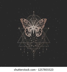 Vector illustration with hand drawn butterfly and Sacred geometric symbol on black vintage background. Abstract mystic sign. Gold linear shape. For you design or magic craft.