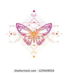 Vector illustration with hand drawn butterfly and Sacred geometric symbol on white background. Abstract mystic sign. Colored linear shape. For you design, tattoo or magic craft.