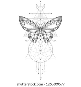 Vector illustration with hand drawn butterfly and Sacred geometric symbol on white background. Abstract mystic sign. Black linear shape. For you design, tattoo or magic craft.