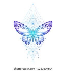 Vector illustration with hand drawn butterfly and Sacred geometric symbol on white background. Abstract mystic sign. Colored linear shape. For you design, tattoo or magic craft.