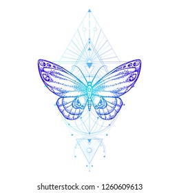 Vector illustration with hand drawn butterfly and Sacred geometric symbol on white background. Abstract mystic sign. Colored linear shape. For you design, tattoo or magic craft.