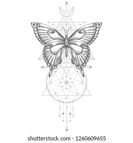 Vector illustration with hand drawn butterfly and Sacred geometric symbol on white background. Abstract mystic sign. Black linear shape. For you design, tattoo or magic craft.