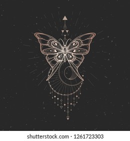 Vector illustration with hand drawn butterfly and Sacred geometric symbol on black vintage background. Abstract mystic sign. Gold linear shape. For you design or magic craft.
