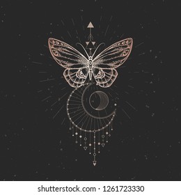 Vector illustration with hand drawn butterfly and Sacred geometric symbol on black vintage background. Abstract mystic sign. Gold linear shape. For you design or magic craft.
