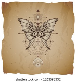 Vector illustration with hand drawn butterfly and Sacred geometric symbol on vintage paper background with torn edges. Abstract mystic sign. Sepia linear shape. For you design or magic craft.