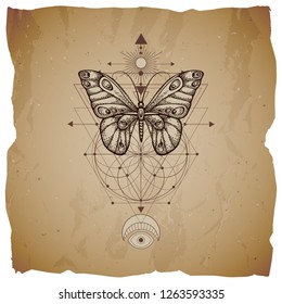 Vector illustration with hand drawn butterfly and Sacred geometric symbol on vintage paper background with torn edges. Abstract mystic sign. Sepia linear shape. For you design or magic craft.