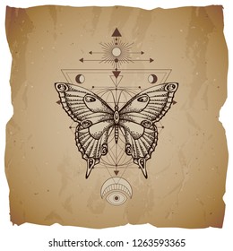 Vector illustration with hand drawn butterfly and Sacred geometric symbol on vintage paper background with torn edges. Abstract mystic sign. Sepia linear shape. For you design or magic craft.