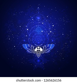 Vector illustration with hand drawn butterfly Dead head and Sacred geometric symbol against the starry sky. Abstract mystic sign. Linear shape. For you design: tattoo, print, posters, t-shirts.